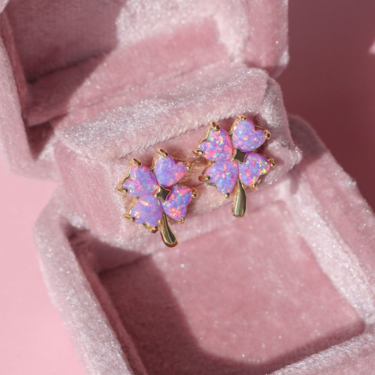 Opal Four-Leaf Clover Pendant Necklace & Ear Studs Pair