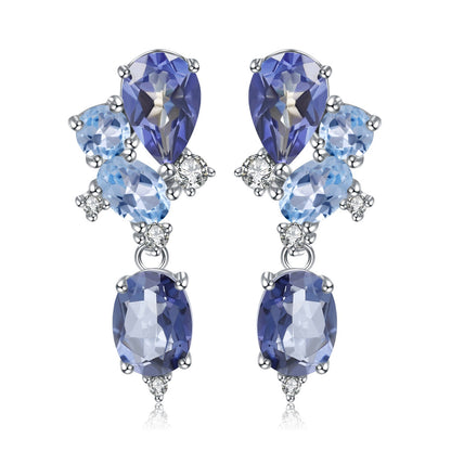 Sky Blue Topaz & Amethyst Drop Earrings 925 Sterling Silver, Natural Gemstone Dangle Earrings, Bridal Statement Jewelry Gift for Her