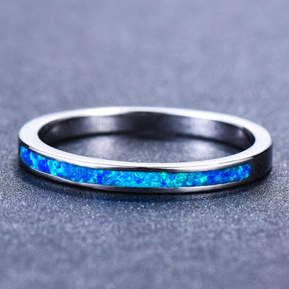 White and Blue Opal Inlay Silver Band Ring | Opal Wedding Band Gift for Her | October Birthstone Ring
