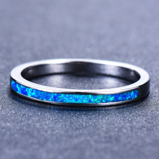 White and Blue Opal Inlay Silver Band Ring | Opal Wedding Band Gift for Her | October Birthstone Ring