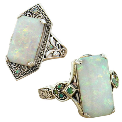 Square White Multi Fire Opal Ring in Antique Silver | Vintage Statement Opal Ring | October Birthstone Gift for Her