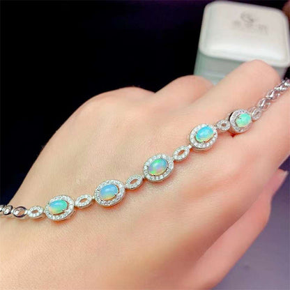 Sterling Silver Inlaid Oval Opal Bracelet | 4×6mm Natural Opal Jewelry | Elegant Style