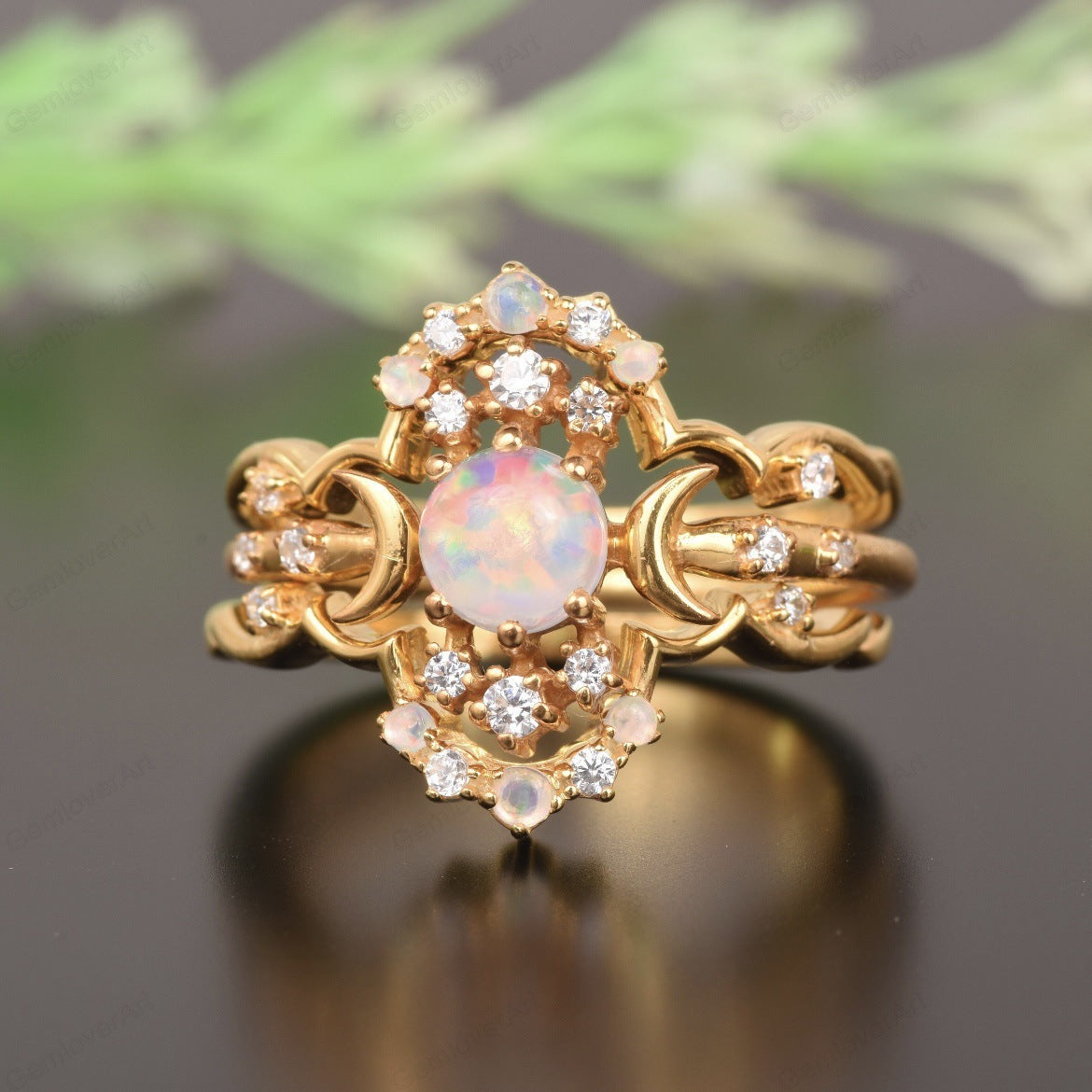 Star Moon Golden Three-Piece Opal Ring Set | Celestial Opal Stacking Rings | October Birthstone Gift for Her