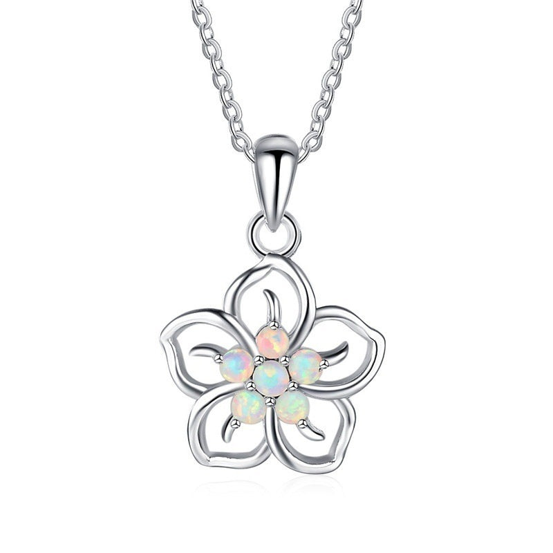 Women's Necklace Opal Flower Pendant
