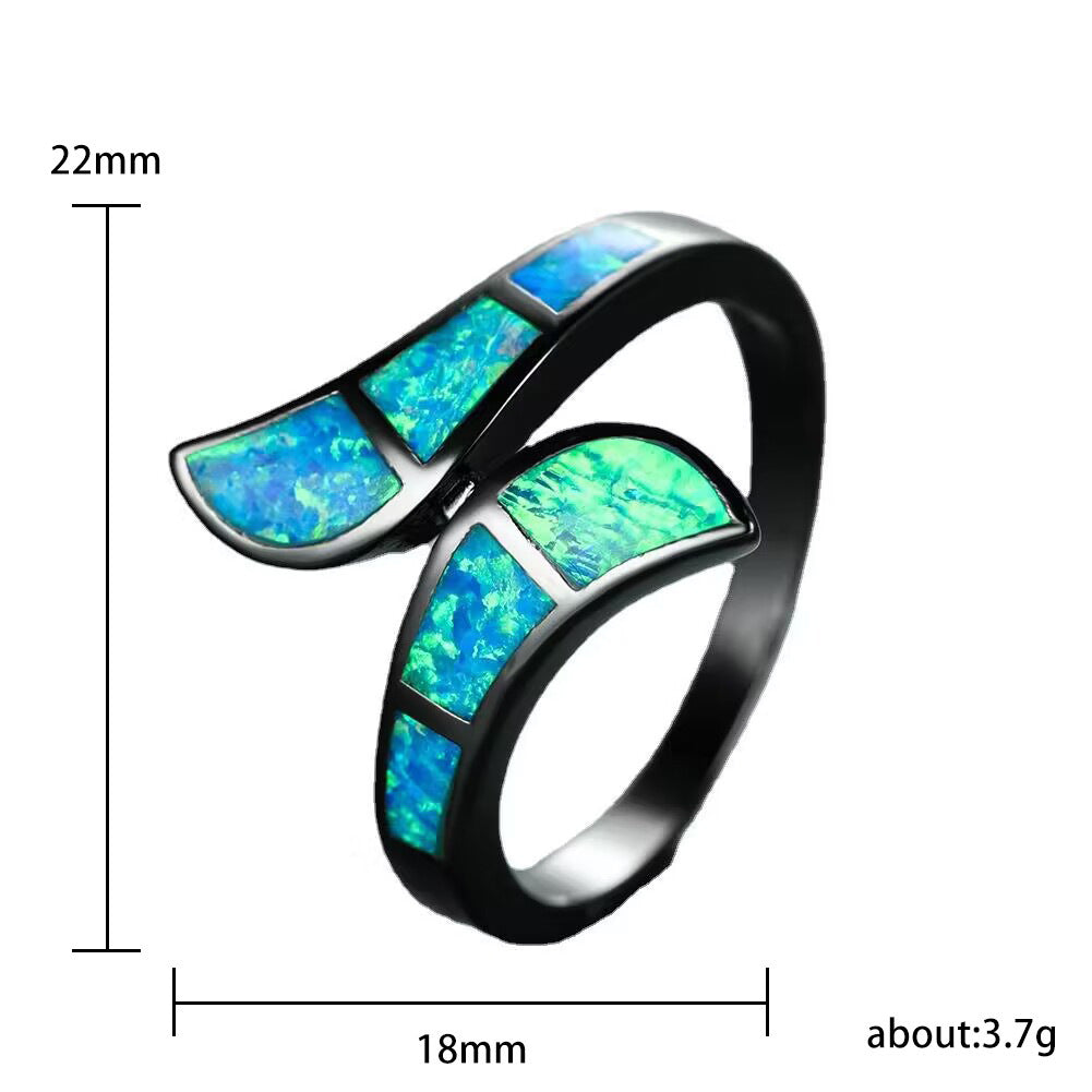 Black Gold Opal Ring | Blue and White Opal Inlay Statement Ring in Silver | October Birthstone Gift for Her