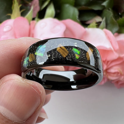 8mm Galaxy Broken Opal Inlay Tungsten Ring | Black Tungsten Wedding Band | Anniversary Gift for Him and Her