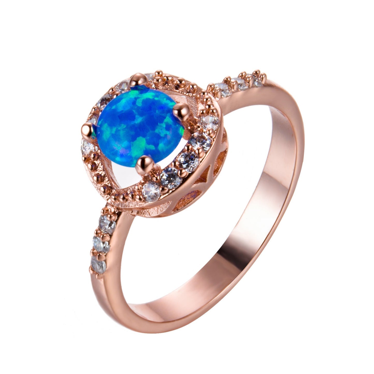 Round Opal and Zircon Ring in Rose Gold | Sparkling Opal Zircon Ring | October Birthstone Gift for Her