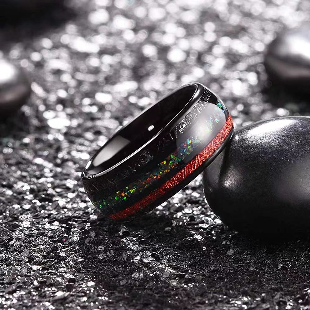 Opal Ruby Black Meteorite Ring | Rare Opal Ruby Meteorite Inlay Ring | Anniversary Gift for Him and Her