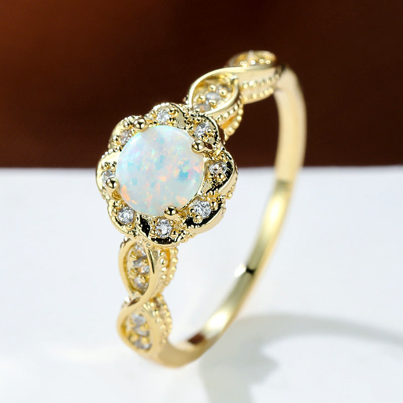 Platinum Round Opal Flower Ring in Sterling Silver | Floral Opal Platinum Ring | October Birthstone Gift for Her
