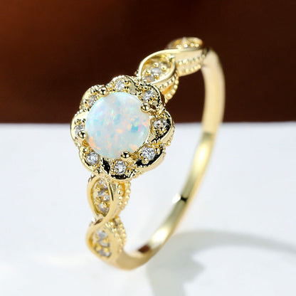 Platinum Round Opal Flower Ring in Sterling Silver | Floral Opal Platinum Ring | October Birthstone Gift for Her