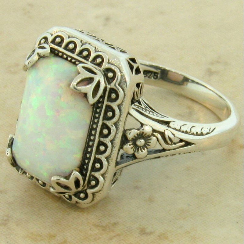 Rectangle Opal Ring in Sterling Silver | Vintage Opal Gemstone Ring | October Birthstone Gift for Her