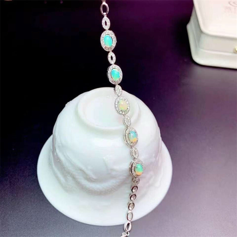 Sterling Silver Inlaid Oval Opal Bracelet | 4×6mm Natural Opal Jewelry | Elegant Style