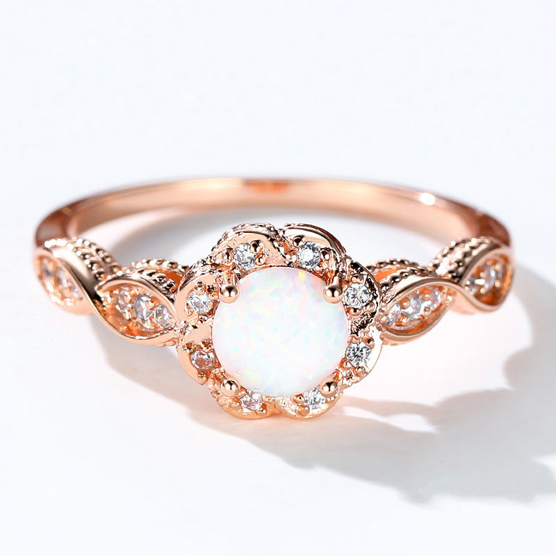 Platinum Round Opal Flower Ring in Sterling Silver | Floral Opal Platinum Ring | October Birthstone Gift for Her