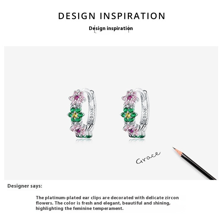 Sterling Silver Flower Hoop Earrings S925, Delicate Floral Zircon Huggie Earrings, White Gold Plated Bridal Jewelry Gift for Her