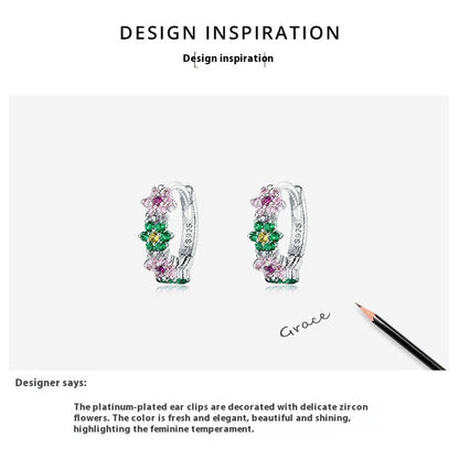 Sterling Silver Flower Hoop Earrings S925, Delicate Floral Zircon Huggie Earrings, White Gold Plated Bridal Jewelry Gift for Her