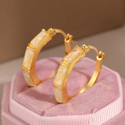 Baguette Opal Hoop Earrings, White Fire Opal Huggie Hoops, October Birthstone Gift for Her, Bridal Jewelry