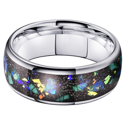 8mm Galaxy Broken Opal Inlay Tungsten Ring | Black Tungsten Wedding Band | Anniversary Gift for Him and Her