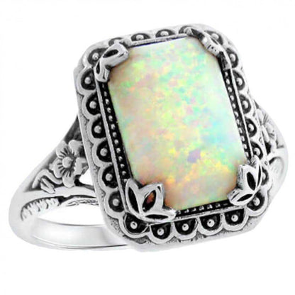 Rectangle Opal Ring in Sterling Silver | Vintage Opal Gemstone Ring | October Birthstone Gift for Her