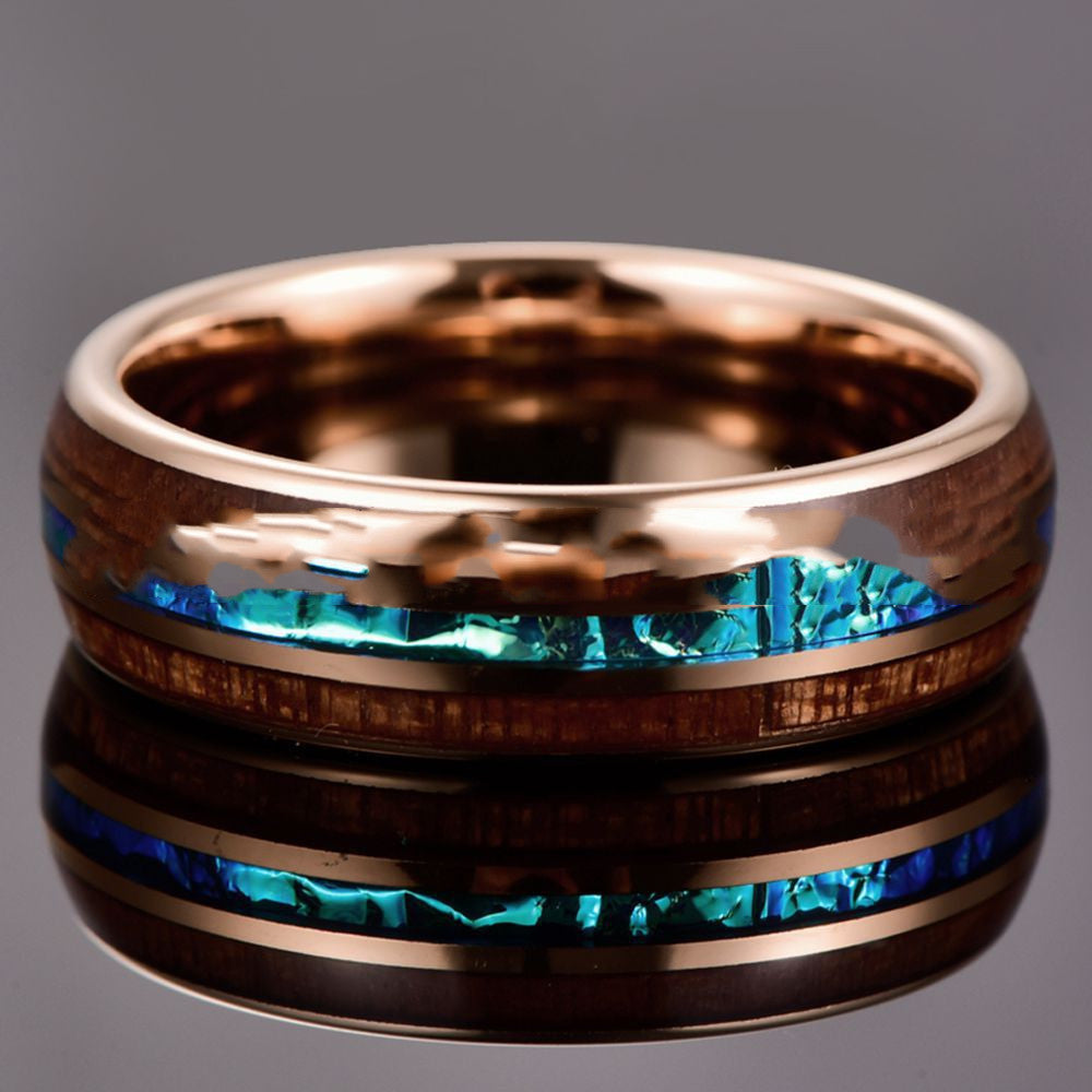 Rose Gold Opal Wedding Band | Tungsten Ring with Blue Opal and Wood Inlay | Anniversary Gift for Her and Him