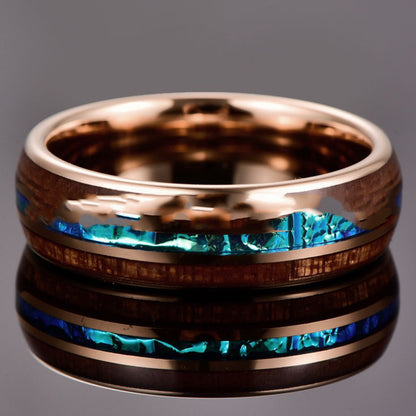 Rose Gold Opal Wedding Band | Tungsten Ring with Blue Opal and Wood Inlay | Anniversary Gift for Her and Him