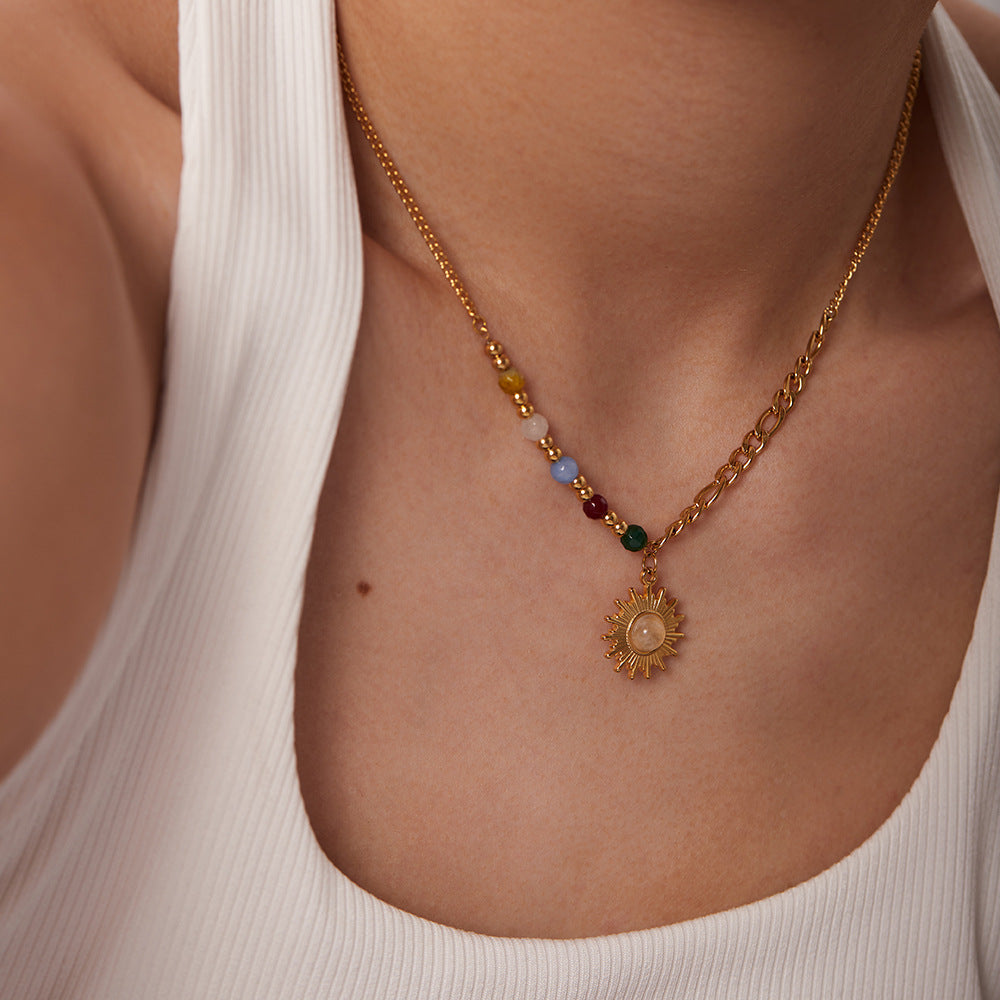 18K Gold Natural Stone Opal Sun Pendant Necklace