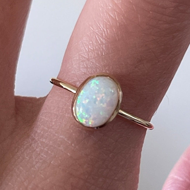 Oval Multi Fire White Opal Ring in Gold | Vibrant White Opal Gold Ring | October Birthstone Gift for Her