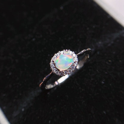 Oval Opal Adjustable Halo Ring in 925 Sterling Silver White Gold | Bridal Evening Gift for Her