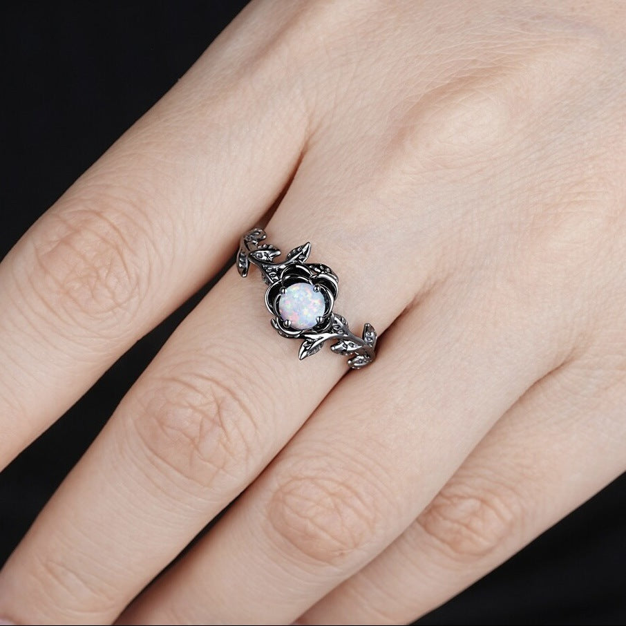 Black Vintage Inlaid Opal Ring | Antique Style Black Opal Ring | October Birthstone Gift for Her