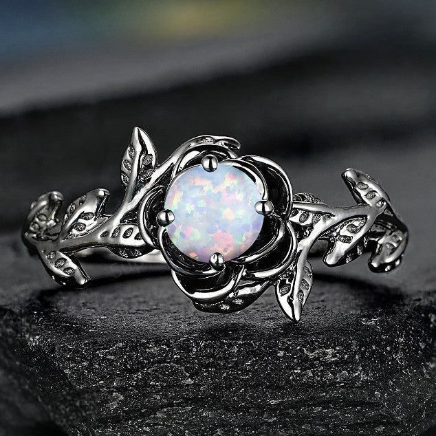 Black Vintage Inlaid Opal Ring | Antique Style Black Opal Ring | October Birthstone Gift for Her
