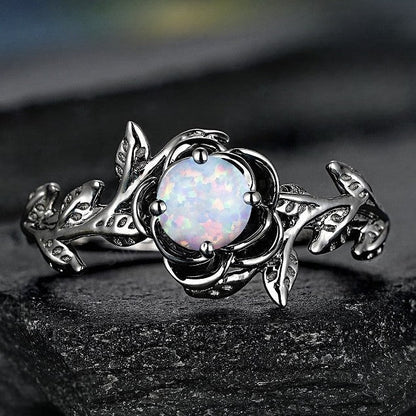 Black Vintage Inlaid Opal Ring | Antique Style Black Opal Ring | October Birthstone Gift for Her
