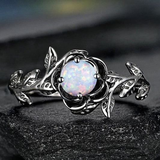 Black Vintage Inlaid Opal Ring | Antique Style Black Opal Ring | October Birthstone Gift for Her