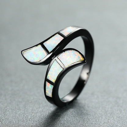 Black Gold Opal Ring | Blue and White Opal Inlay Statement Ring in Silver | October Birthstone Gift for Her