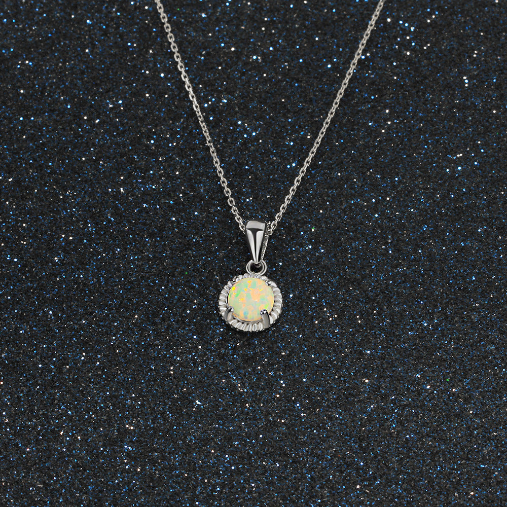Natural Opal Necklace 925 Sterling Silver Round Pendant | Minimalist Opal Jewelry Gift for Women