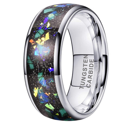 8mm Galaxy Broken Opal Inlay Tungsten Ring | Black Tungsten Wedding Band | Anniversary Gift for Him and Her