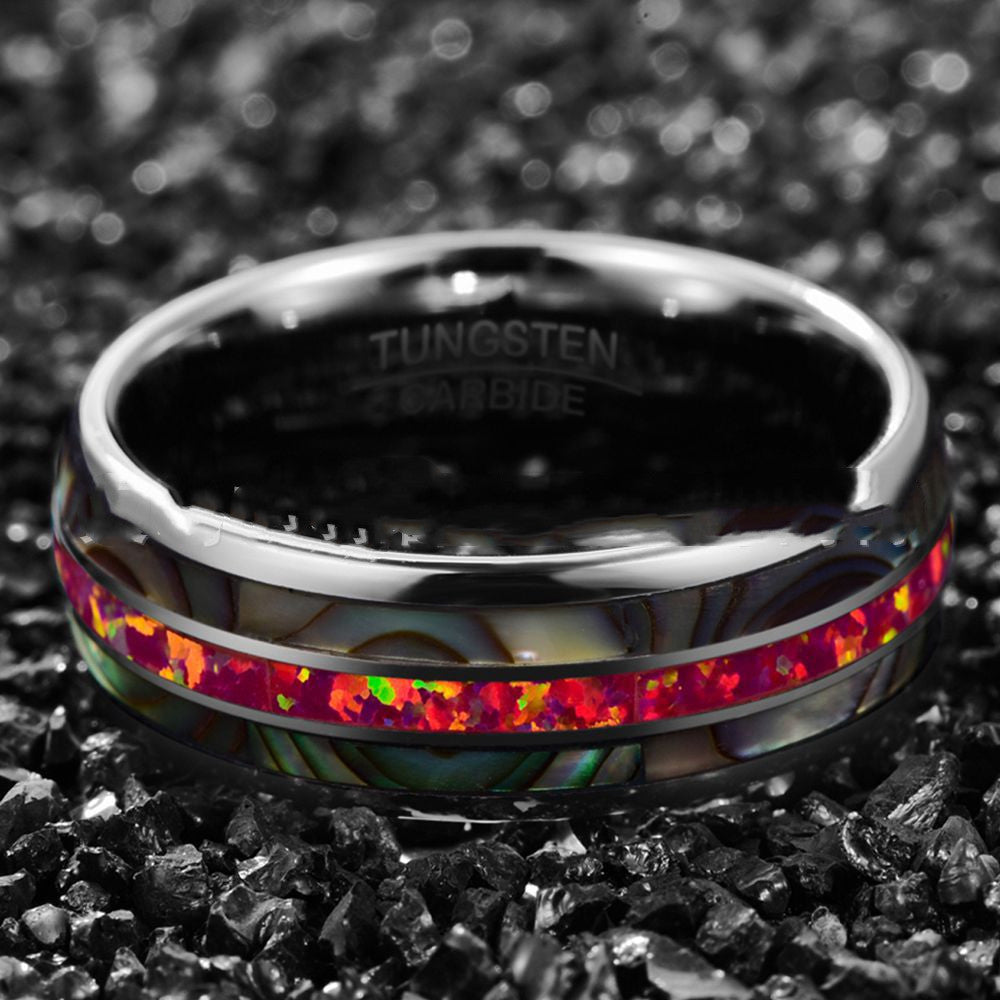 Opal Tungsten Ring 8mm | Multicolor Opal Inlay Black Tungsten Wedding Band | Anniversary Gift for Her and Him