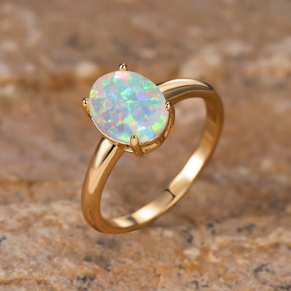Golden Oval White Opal Minimalist Ring | Dainty Gold Opal Ring | October Birthstone Gift for Her