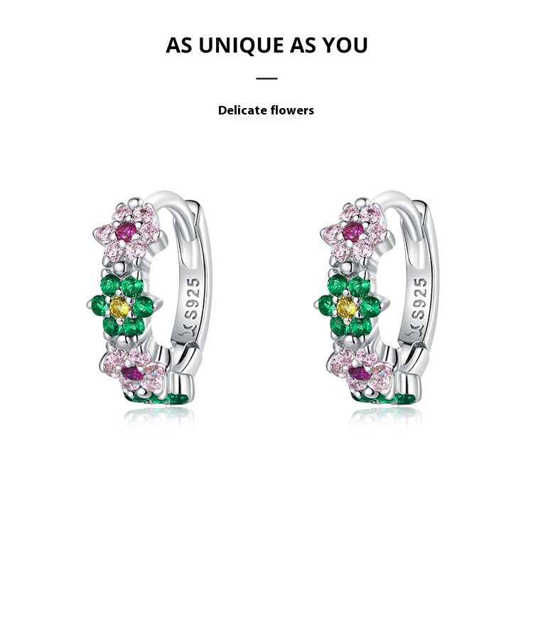 Sterling Silver Flower Hoop Earrings S925, Delicate Floral Zircon Huggie Earrings, White Gold Plated Bridal Jewelry Gift for Her