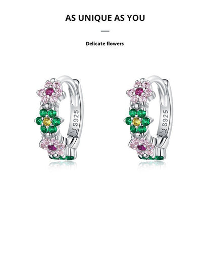 Sterling Silver Flower Hoop Earrings S925, Delicate Floral Zircon Huggie Earrings, White Gold Plated Bridal Jewelry Gift for Her