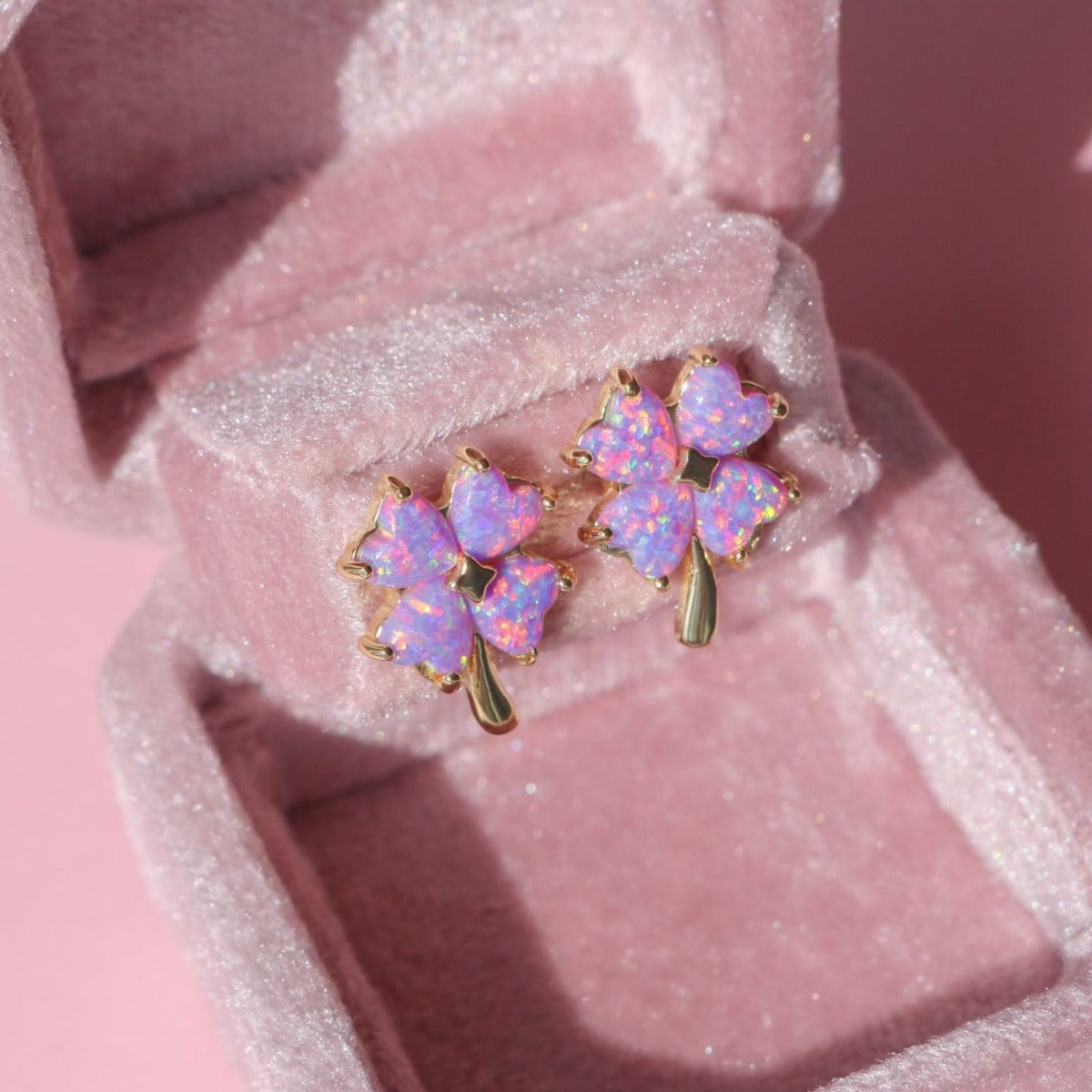 Opal Four-Leaf Clover Pendant Necklace & Ear Studs Pair