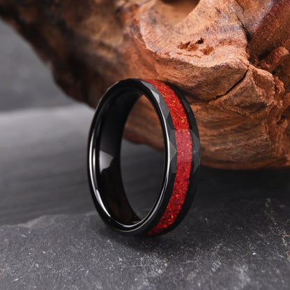 Opal Inlay Tungsten Steel Ring | Durable Opal Wedding Band | Anniversary Gift for Her and Him