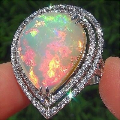 Teardrop Multicolor Fire Opal Ring in 925 Sterling Silver | Statement Bridal Evening Ring Gift for Her
