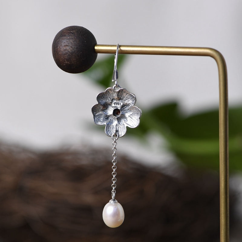 Sterling Silver Flower Drop Earrings with Pearl