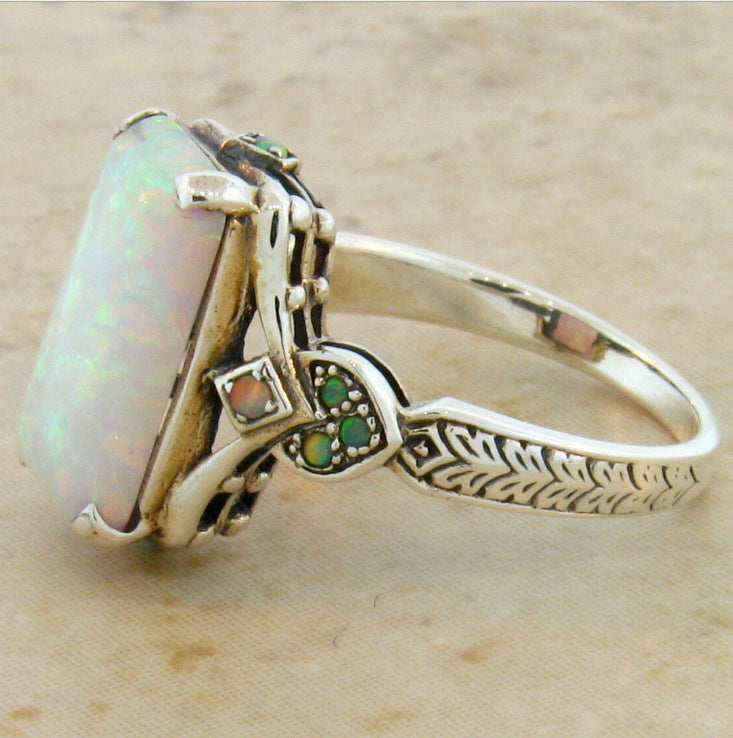 Square White Multi Fire Opal Ring in Antique Silver | Vintage Statement Opal Ring | October Birthstone Gift for Her