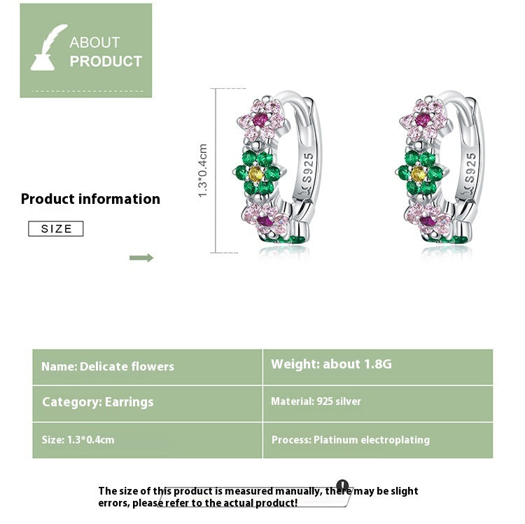Sterling Silver Flower Hoop Earrings S925, Delicate Floral Zircon Huggie Earrings, White Gold Plated Bridal Jewelry Gift for Her