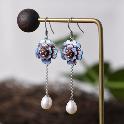 Sterling Silver Flower Drop Earrings with Pearl