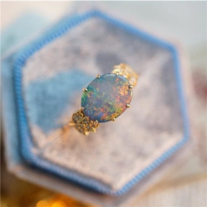 Oval Opal Adjustable Leaf Design Ring in 925 Sterling Silver | Nature Inspired Opal Ring Gift for Her