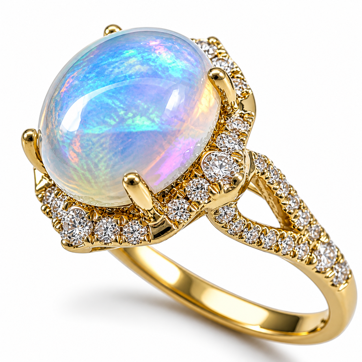 Oval White Fire Opal Halo Ring in 925 Sterling Silver | October Birthstone Engagement Ring Gift for Her