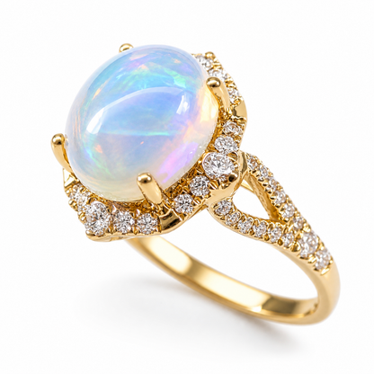 Oval White Fire Opal Halo Ring in 925 Sterling Silver | October Birthstone Engagement Ring Gift for Her