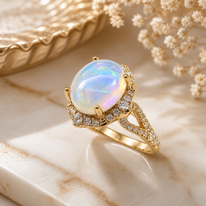 Oval White Fire Opal Halo Ring in 925 Sterling Silver | October Birthstone Engagement Ring Gift for Her