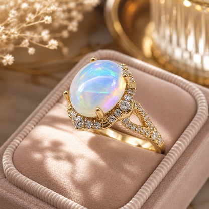 Oval White Fire Opal Halo Ring in 925 Sterling Silver | October Birthstone Engagement Ring Gift for Her